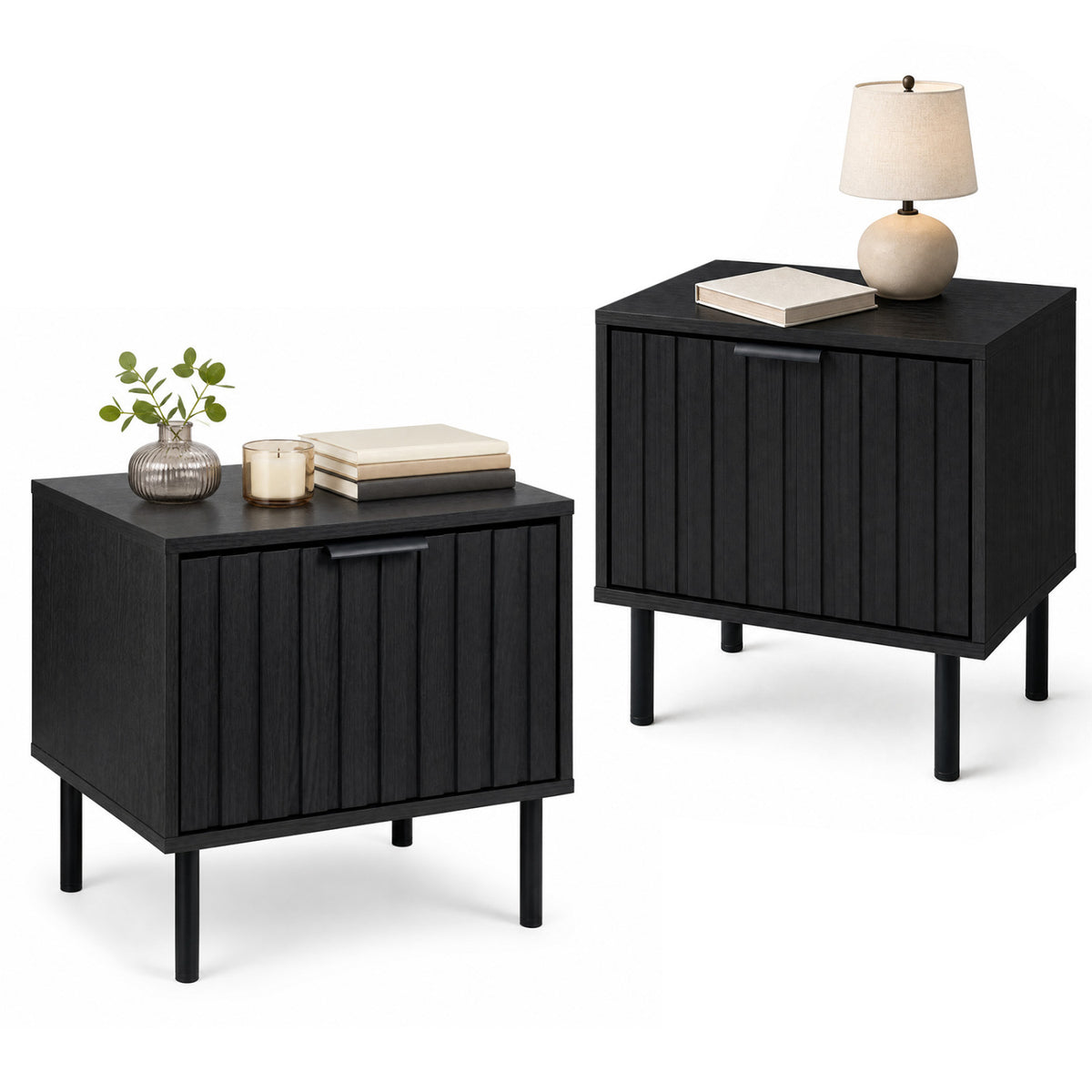 Black Modern Nightstand with Drawer Storage - Set of 2