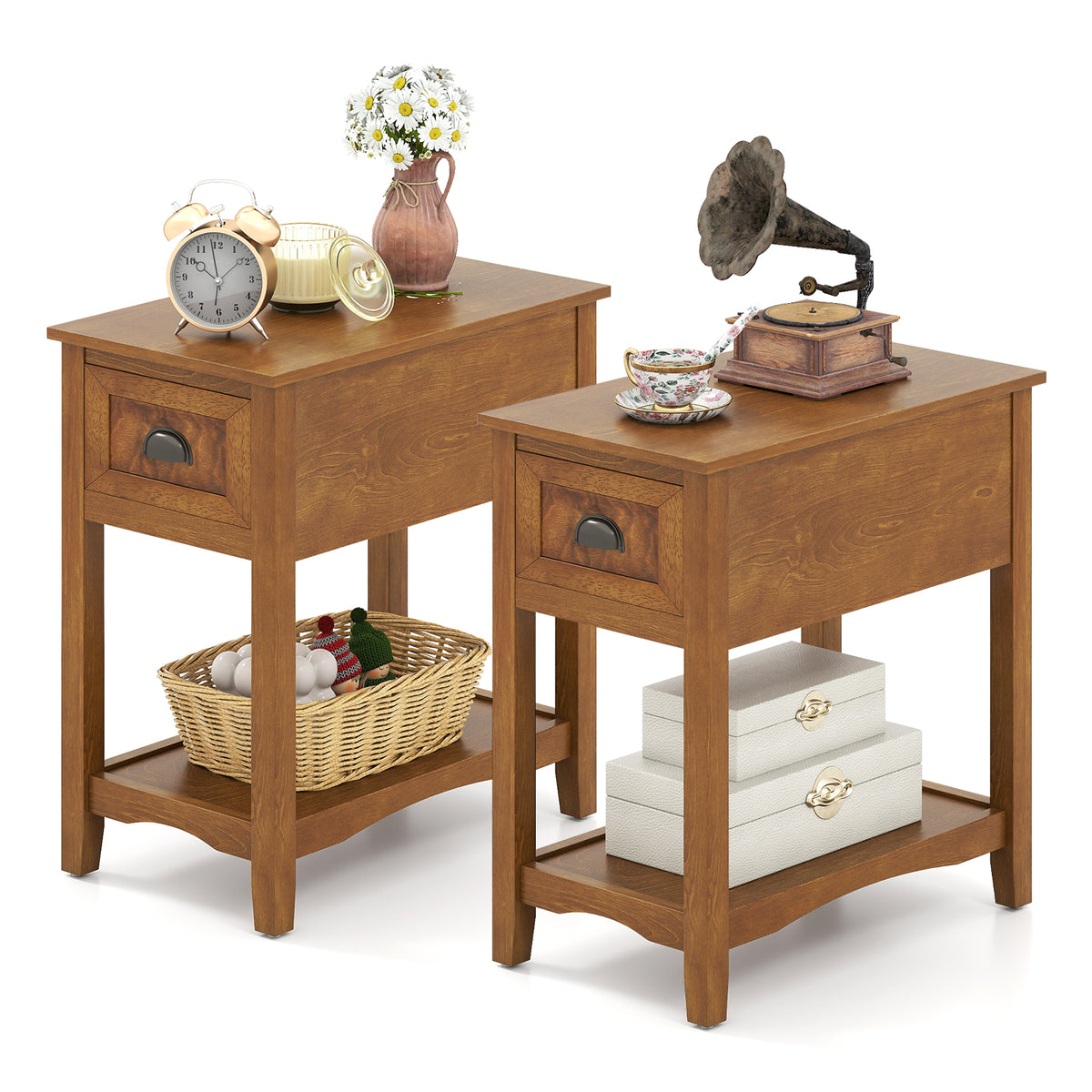 Retro Narrow End Table with Drawer and Shelf, Set of 2, Yellow