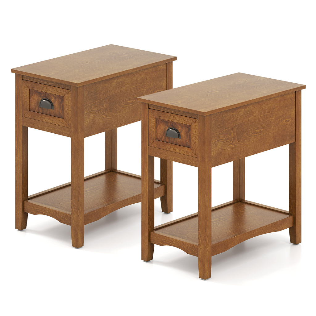 Retro Narrow End Table with Drawer and Shelf, Set of 2, Yellow
