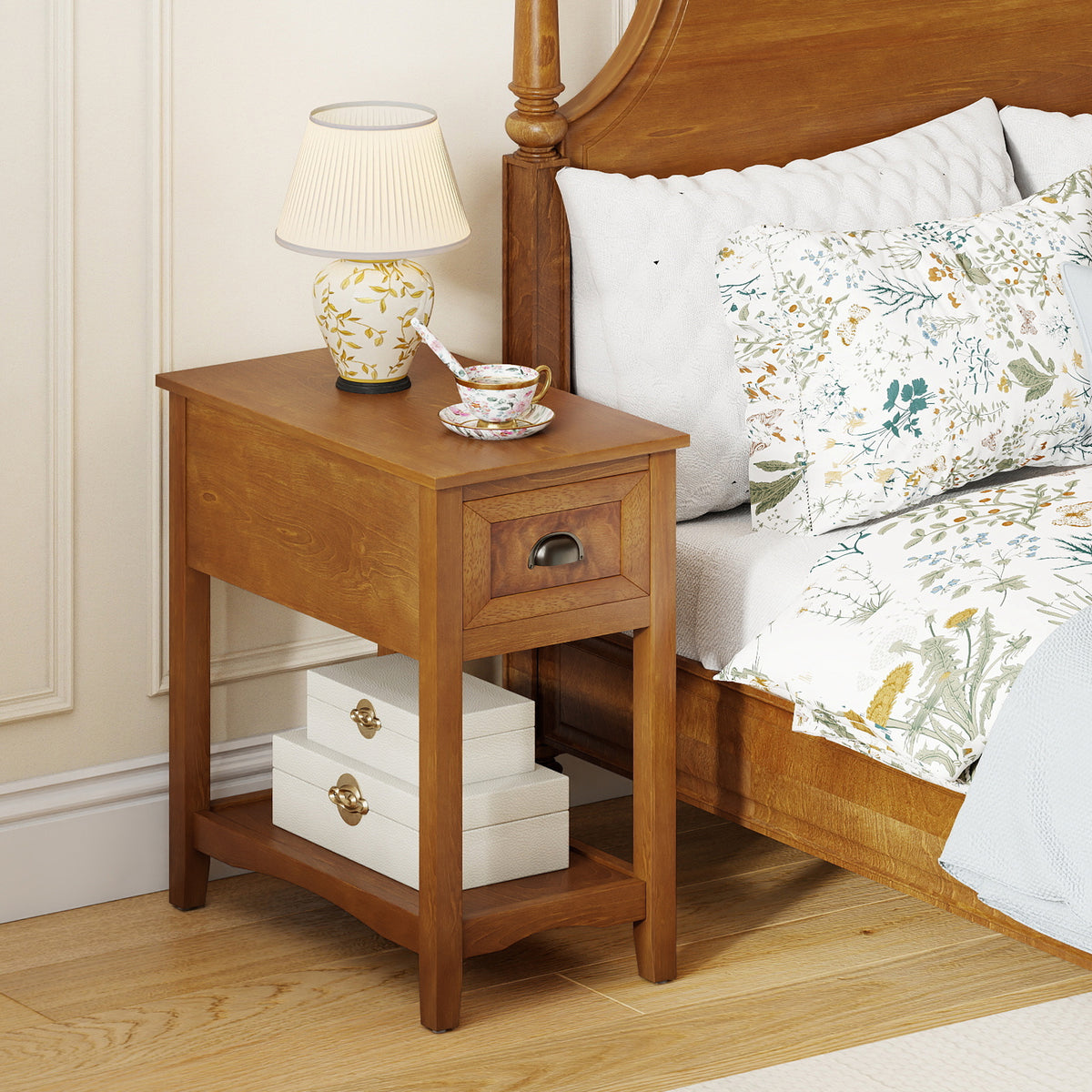 Retro Narrow End Table with Drawer and Shelf, Set of 2, Yellow