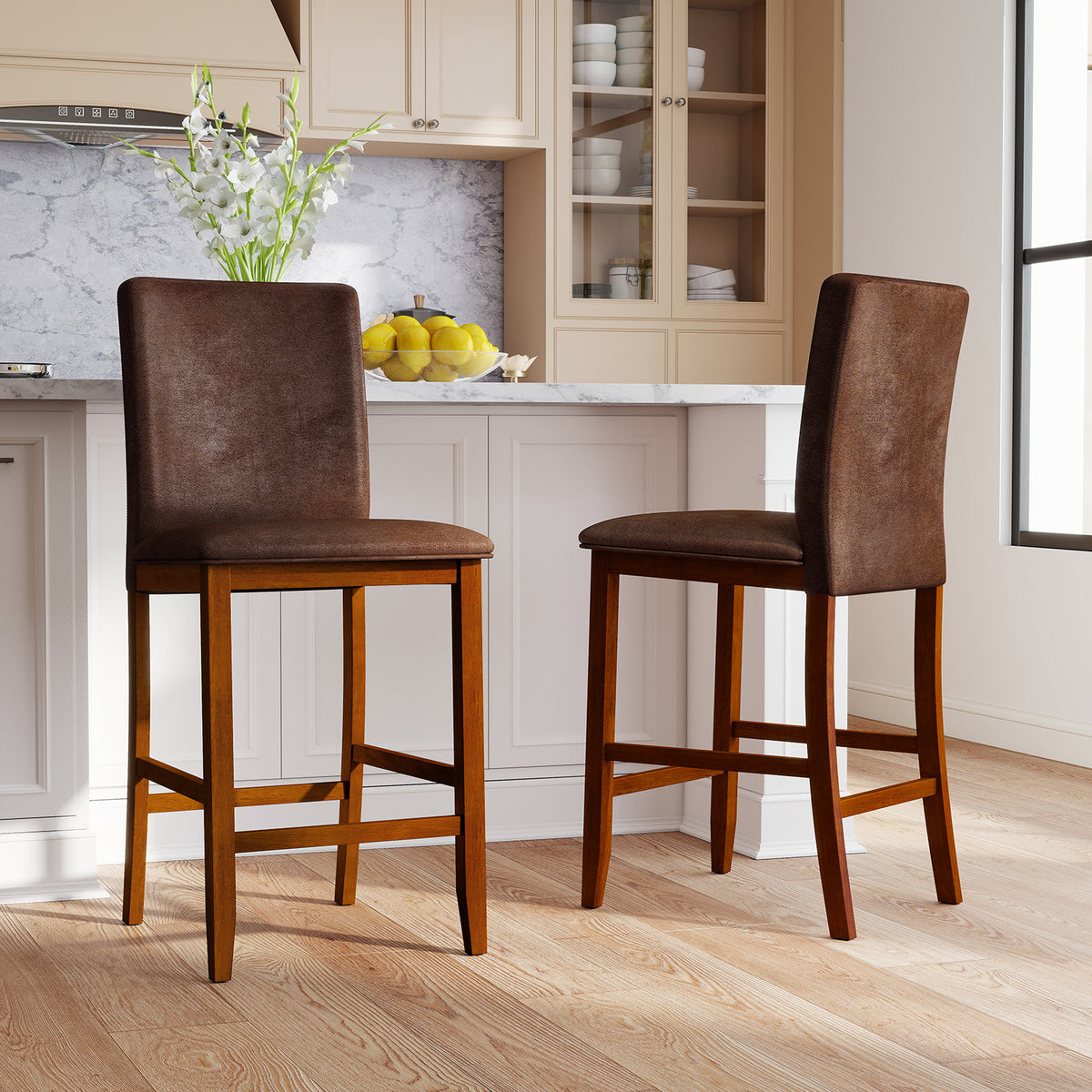 Counter Barstools with Rubberwood Legs, Polyester Fabric - Walnut