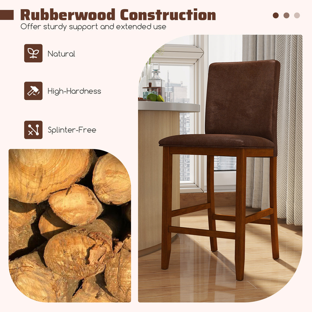 Counter Barstools with Rubberwood Legs, Polyester Fabric - Walnut