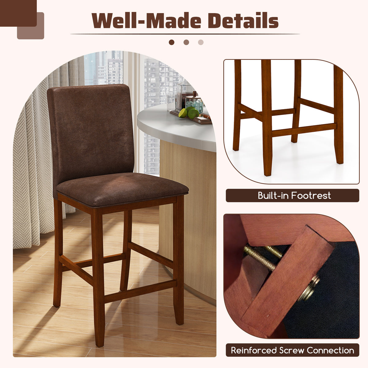 Counter Barstools with Rubberwood Legs, Polyester Fabric - Walnut