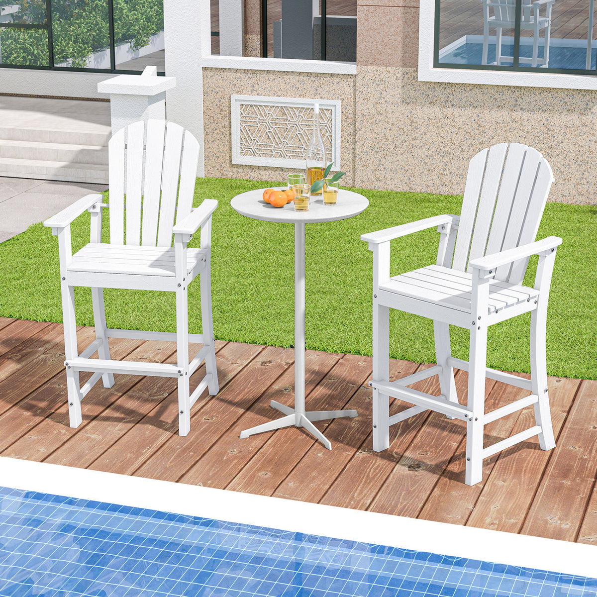 Outdoor Bar Stools Set of 2, Counter Height with Armrests - White