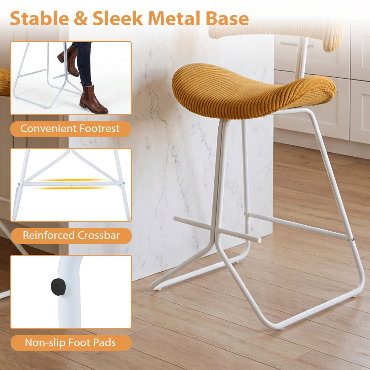 Counter Height Stools Set of 2, 25 Inch Corduroy Orange