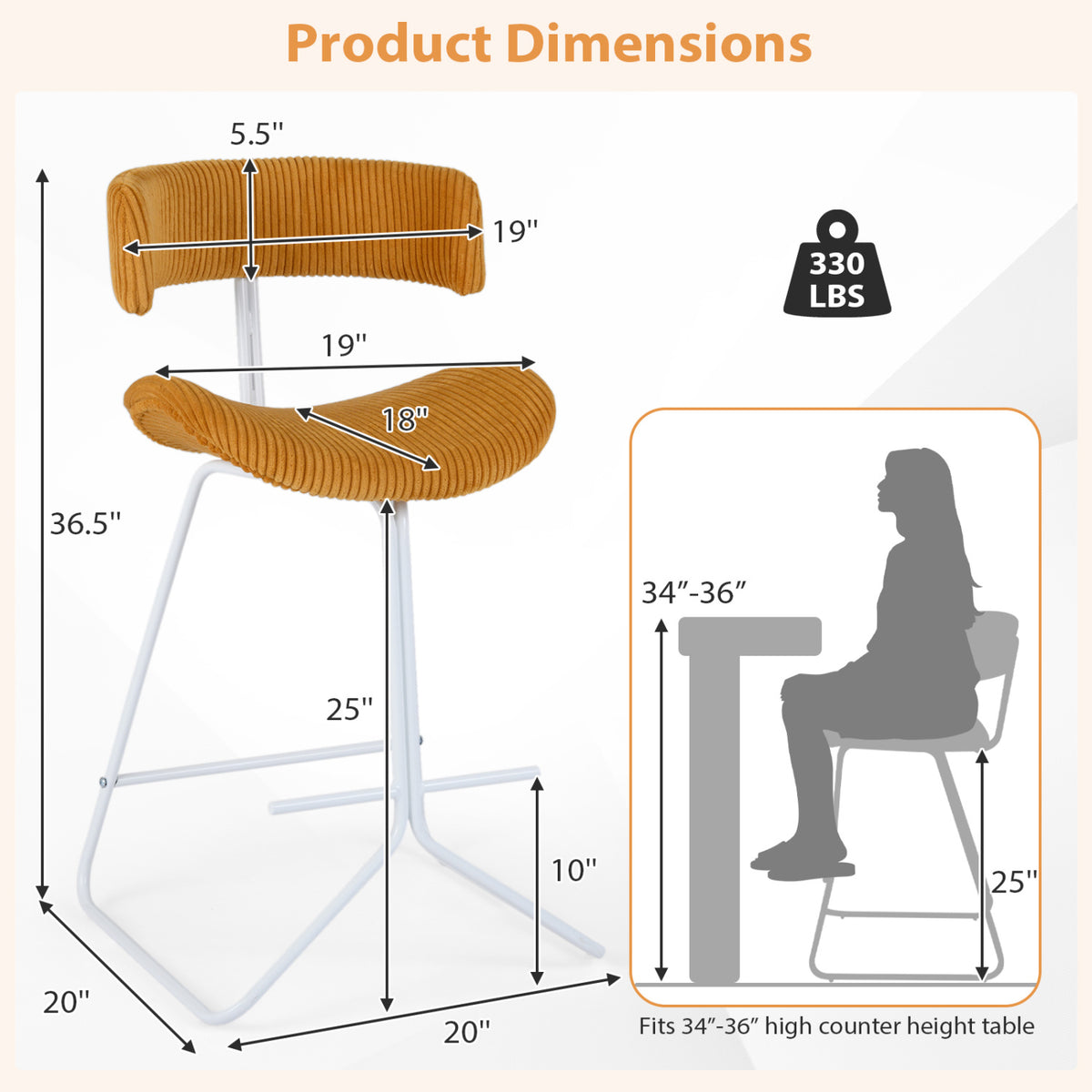 Counter Height Stools Set of 2, 25 Inch Corduroy Orange