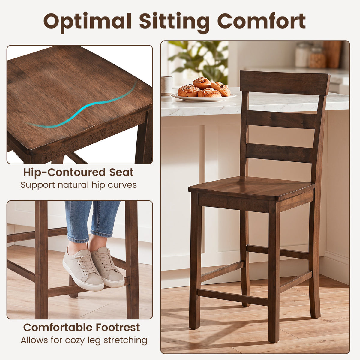 Counter Height Bar Stools with Rubber Wood Frame - 2 Pieces