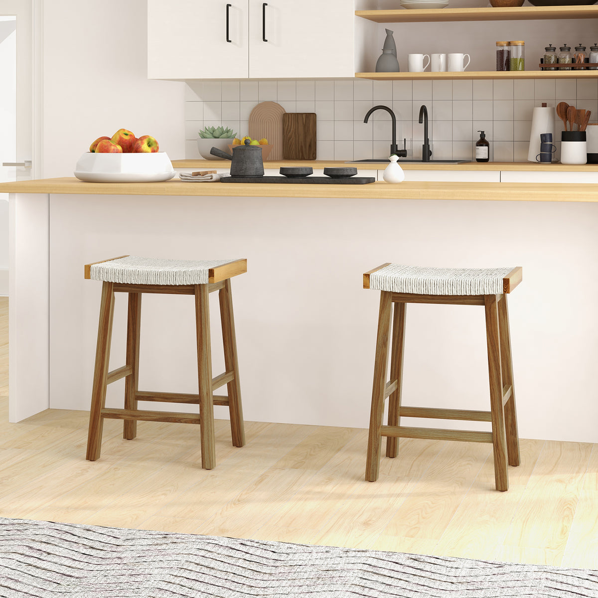 Set of 2 Woven Seaweed Dining Bar Stools, 25.5 Inch