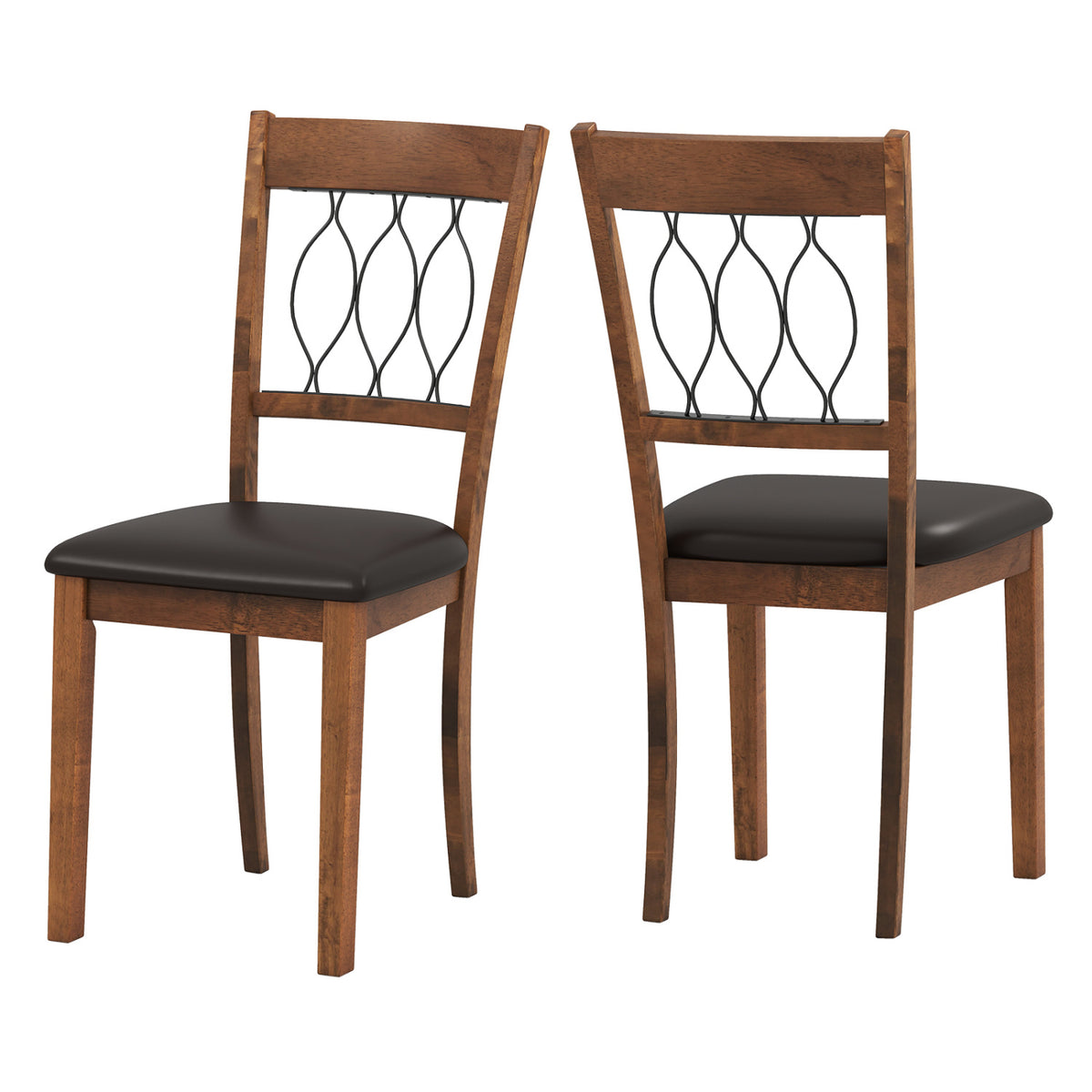 Dining Chair Set of 2, Padded Faux Leather - Wave Back, Walnut
