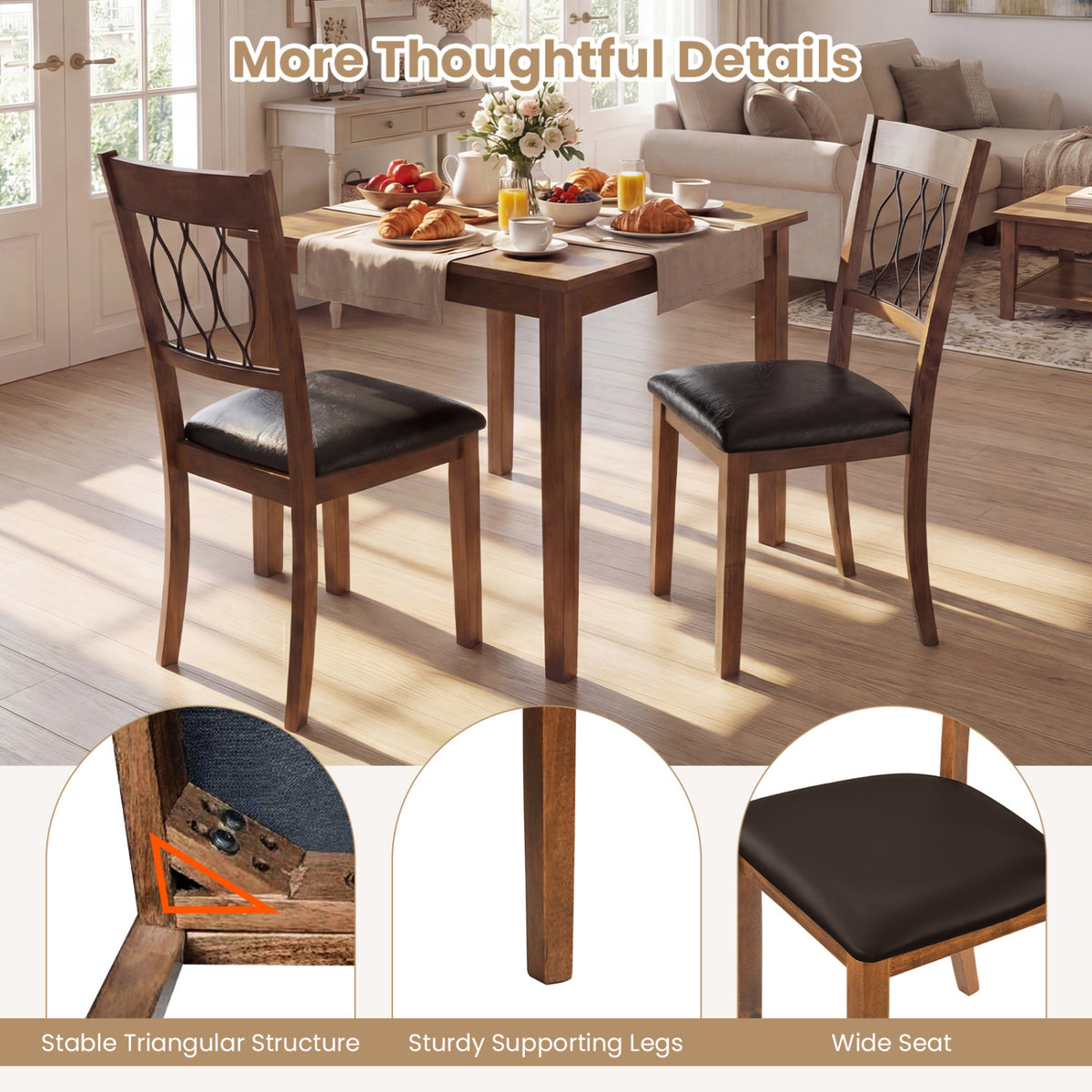 Dining Chair Set of 2, Padded Faux Leather - Wave Back, Walnut