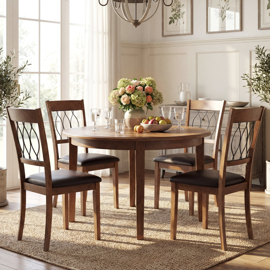 Dining Chair Set of 2, Padded Faux Leather - Wave Back, Walnut