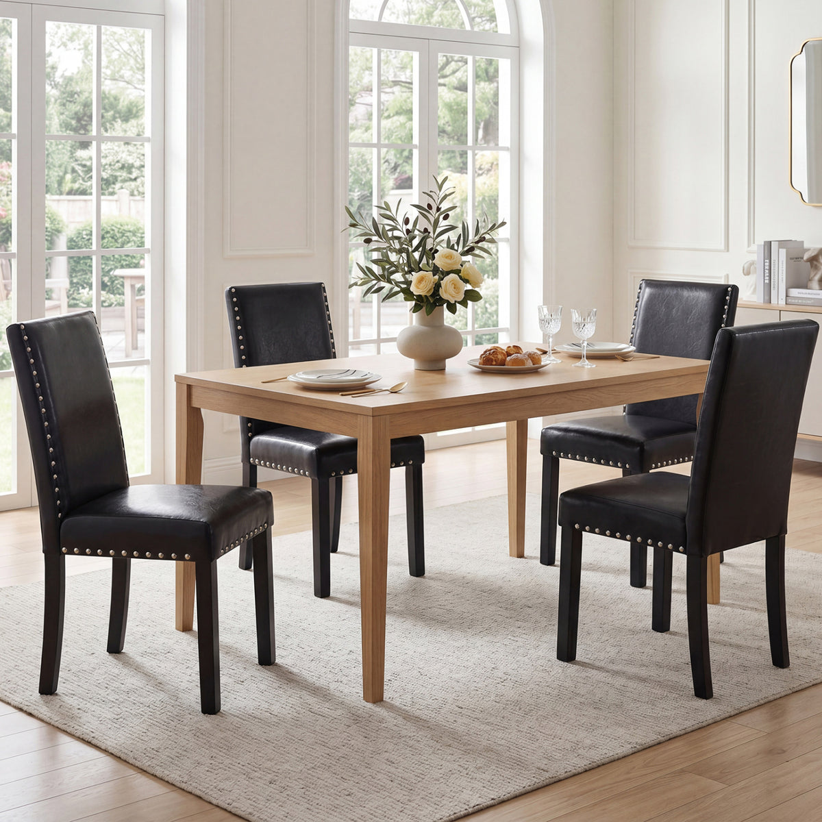 PVC Leather Dining Chairs Set of 2 with Wood Legs