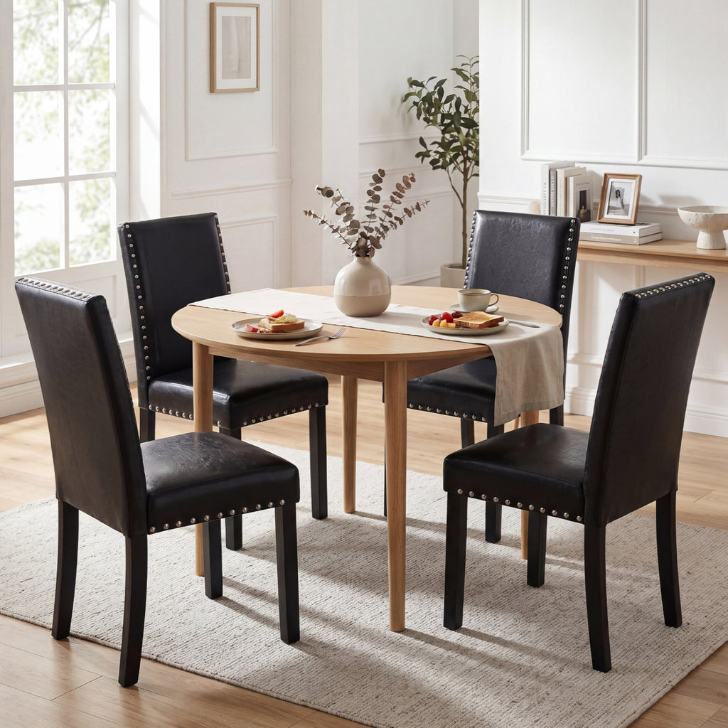 PVC Leather Dining Chairs Set of 2 with Wood Legs