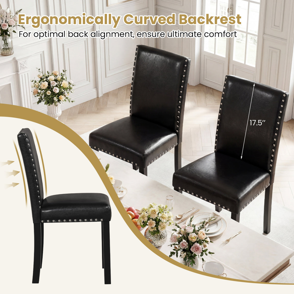 PVC Leather Dining Chairs Set of 2 with Wood Legs
