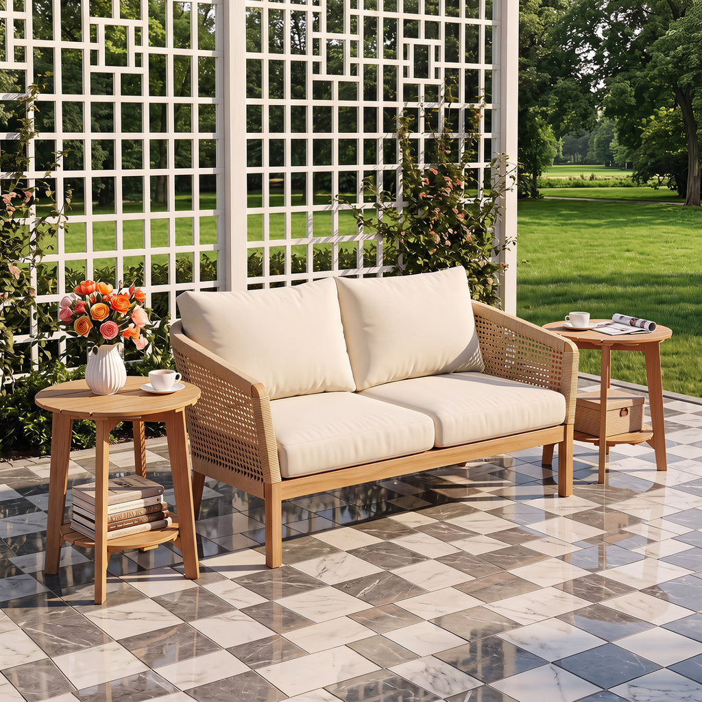 Set of 2 Eucalyptus Wood Side Table 2-Tier with Slatted Tabletop and