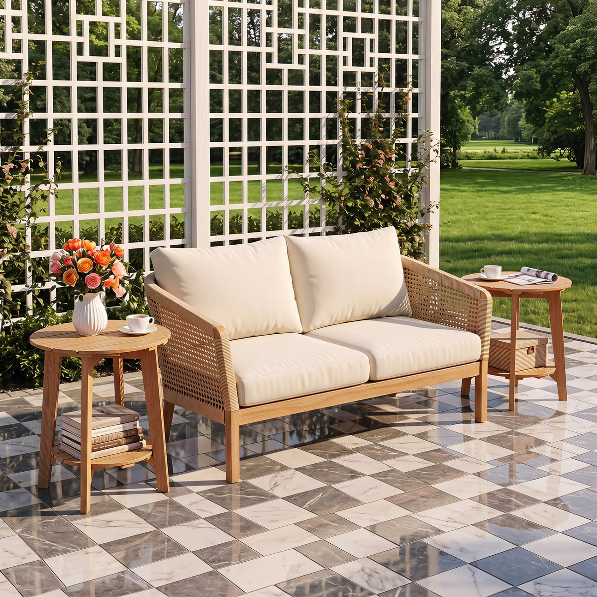 Set of 2 Eucalyptus Wood Side Table 2-Tier with Slatted Tabletop and