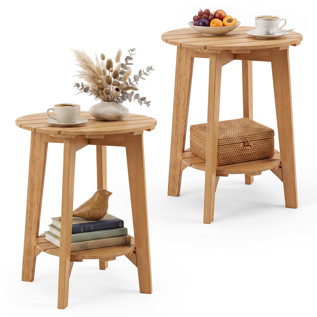 Set of 2 Eucalyptus Wood Side Table 2-Tier with Slatted Tabletop and