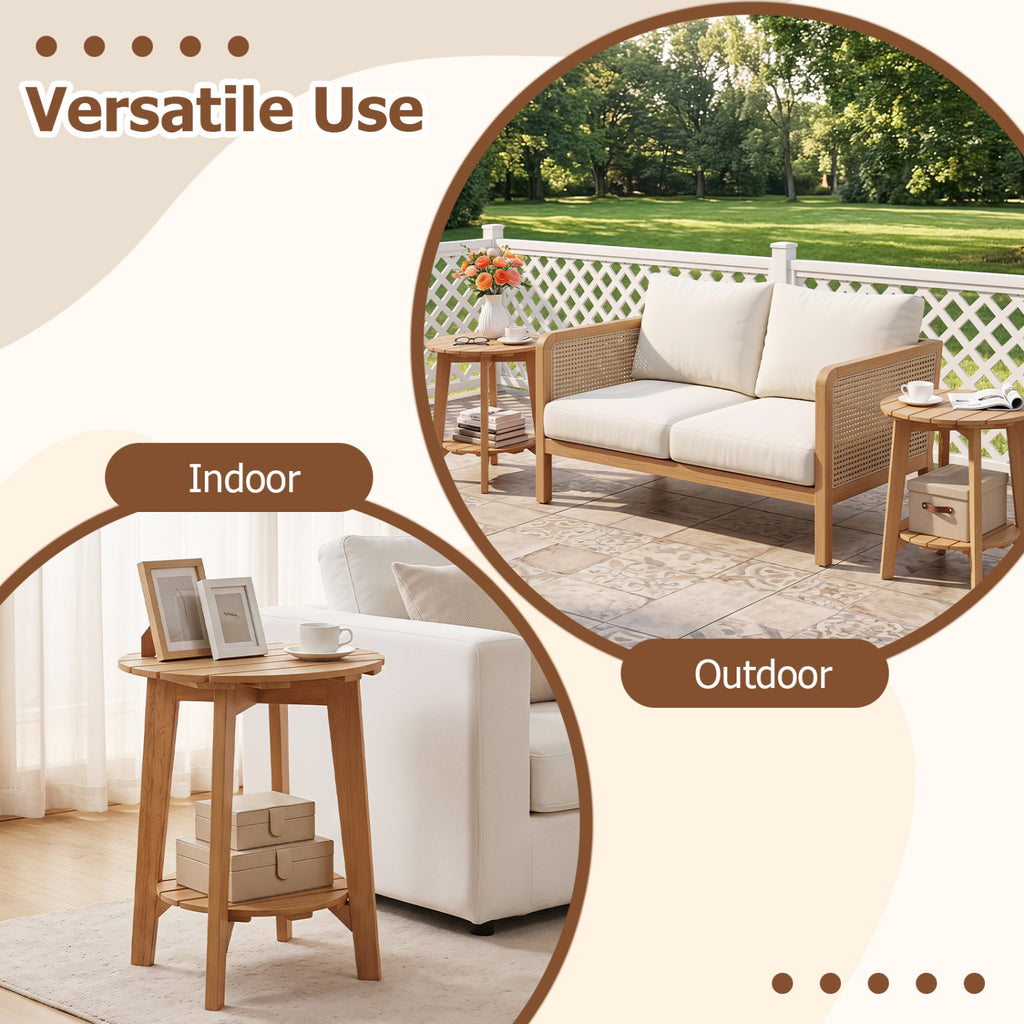 Set of 2 Eucalyptus Wood Side Table 2-Tier with Slatted Tabletop and