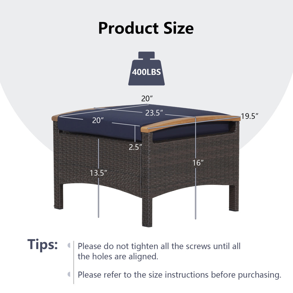 Set of 2 Wicker Patio Ottomans with Cushion - Navy