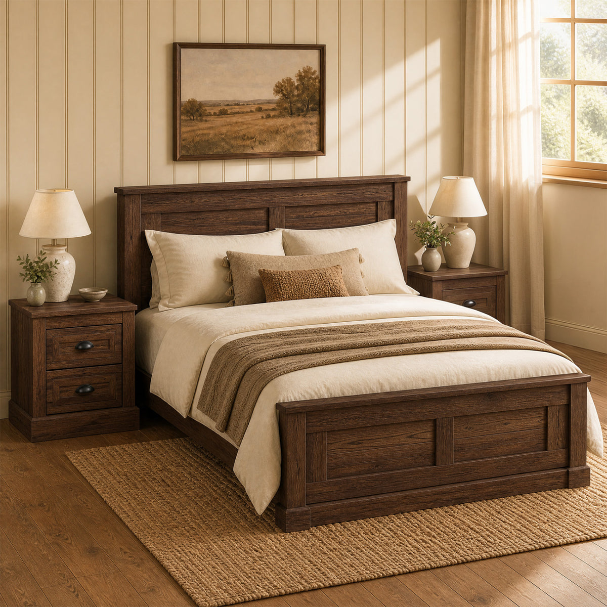 Farmhouse Nightstand with 2 Drawers & Storage - Brown