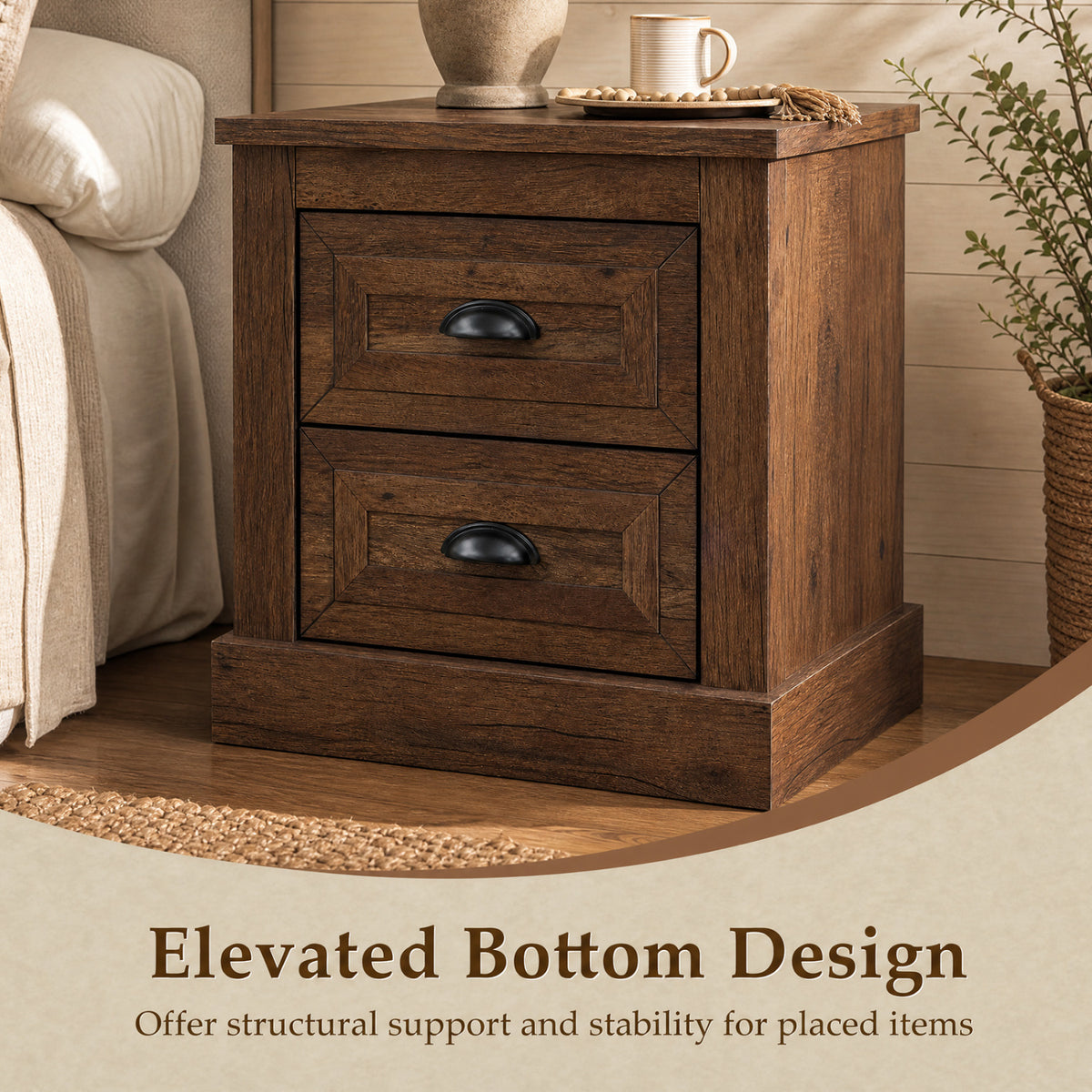 Farmhouse Nightstand with 2 Drawers & Storage - Brown