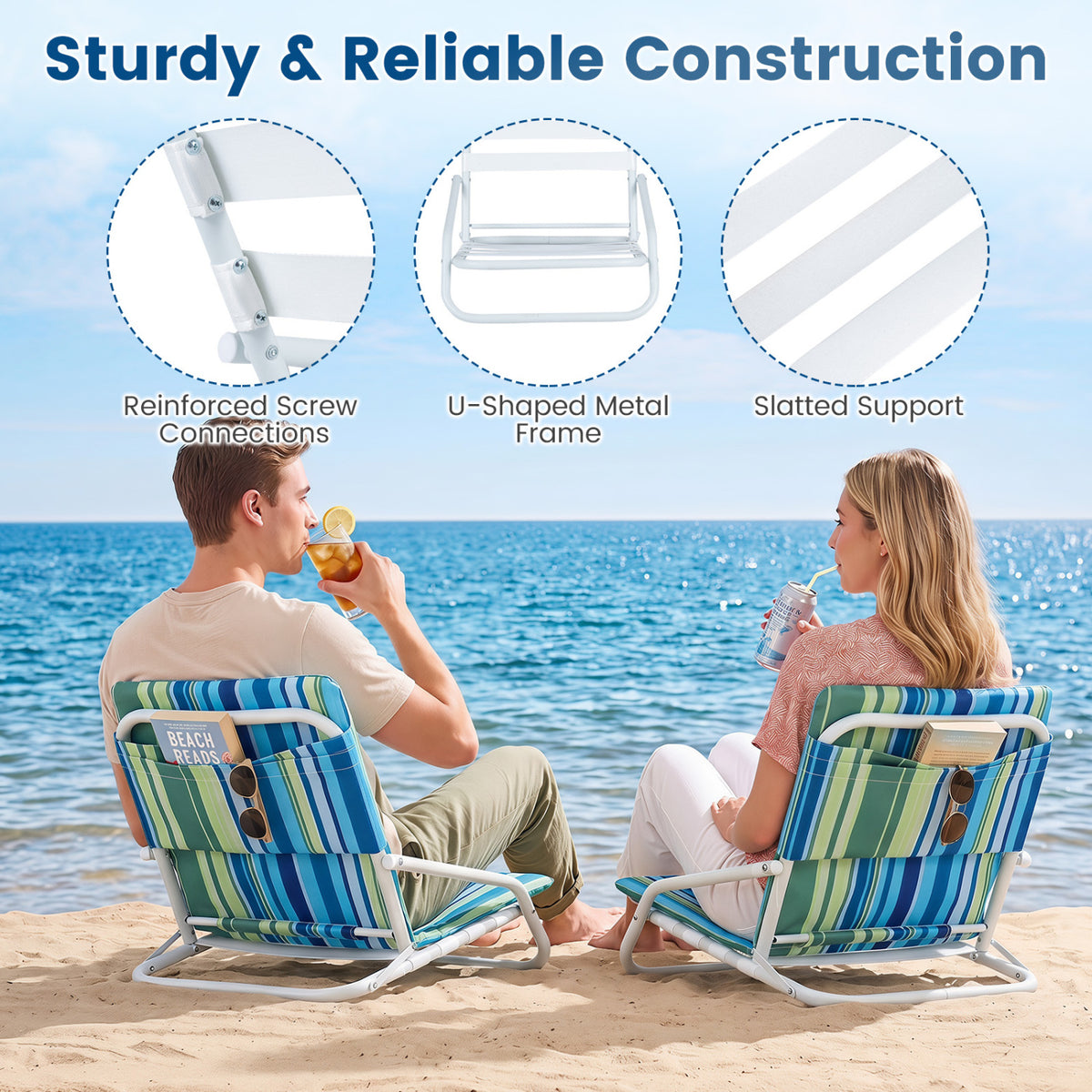 Set of 2 Folding Beach Chairs with Sponge Padded Seat for Camping
