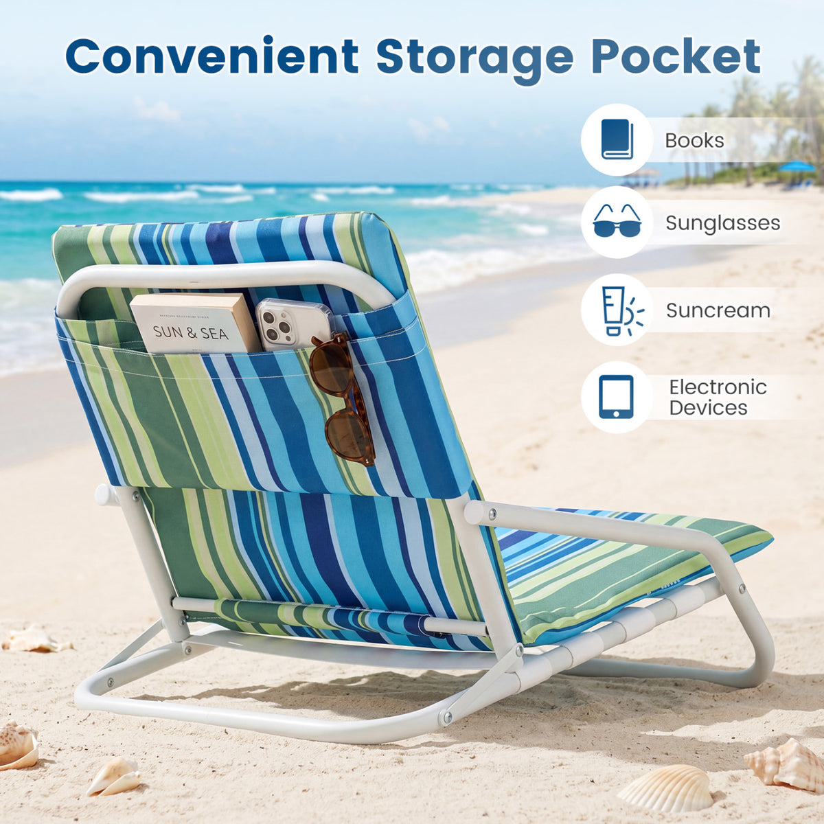 Set of 2 Folding Beach Chairs with Sponge Padded Seat for Camping