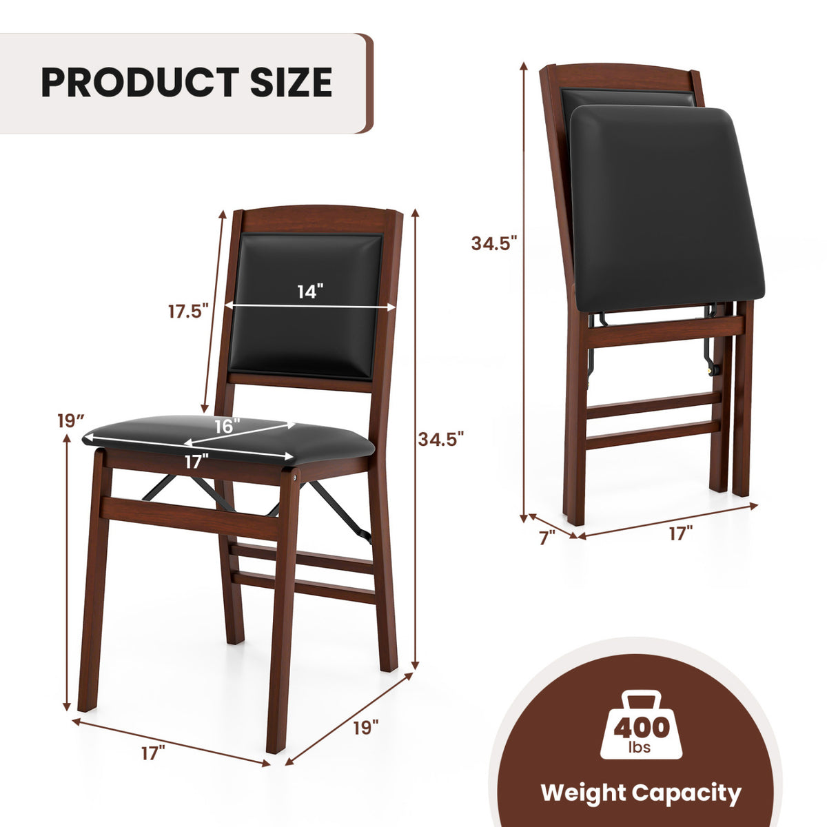 Folding Dining Chair with Padded Seat, Brown PVC Leather
