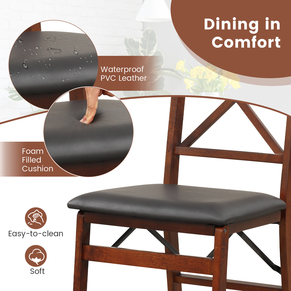 Folding Dining Chair Set of 2, 400lbs Capacity - Brown X-Back