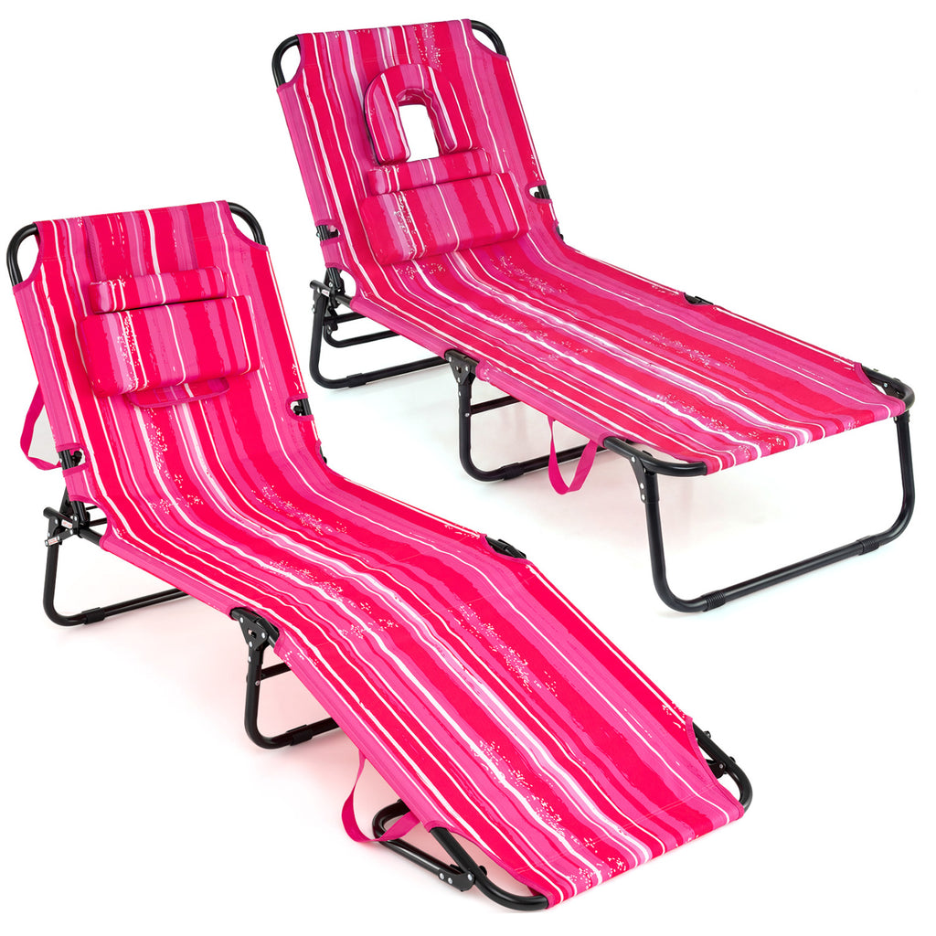 Set of 2 Tanning Chairs with Face Arm Holes Portable 4-Level Backrest