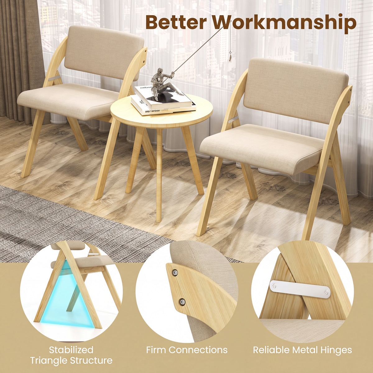 Folding Kitchen Dining Chairs Set of 2 - Natural