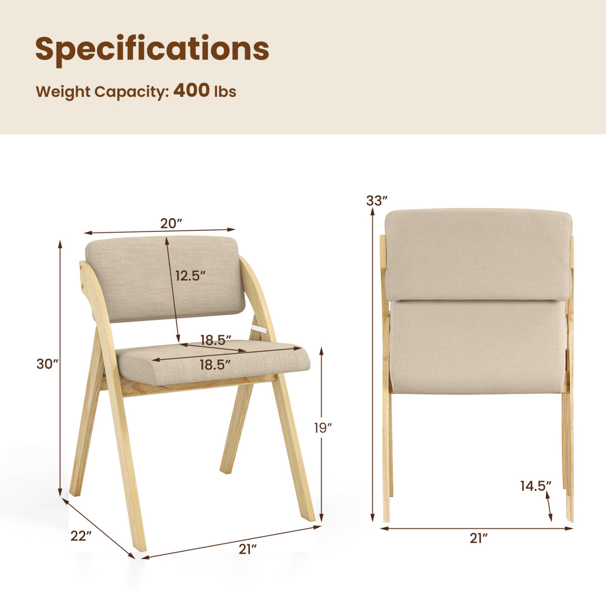 Folding Kitchen Dining Chairs Set of 2 - Natural