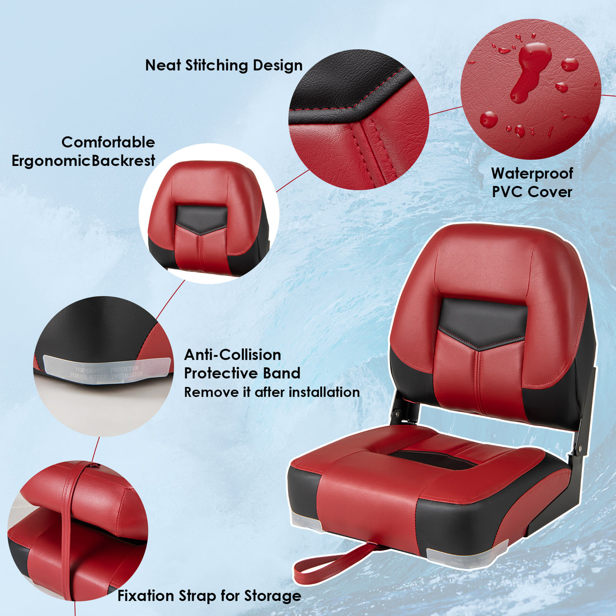 Boat Seat Set of 2 Folding Low Back Fishing Boat Seats - Red Variation