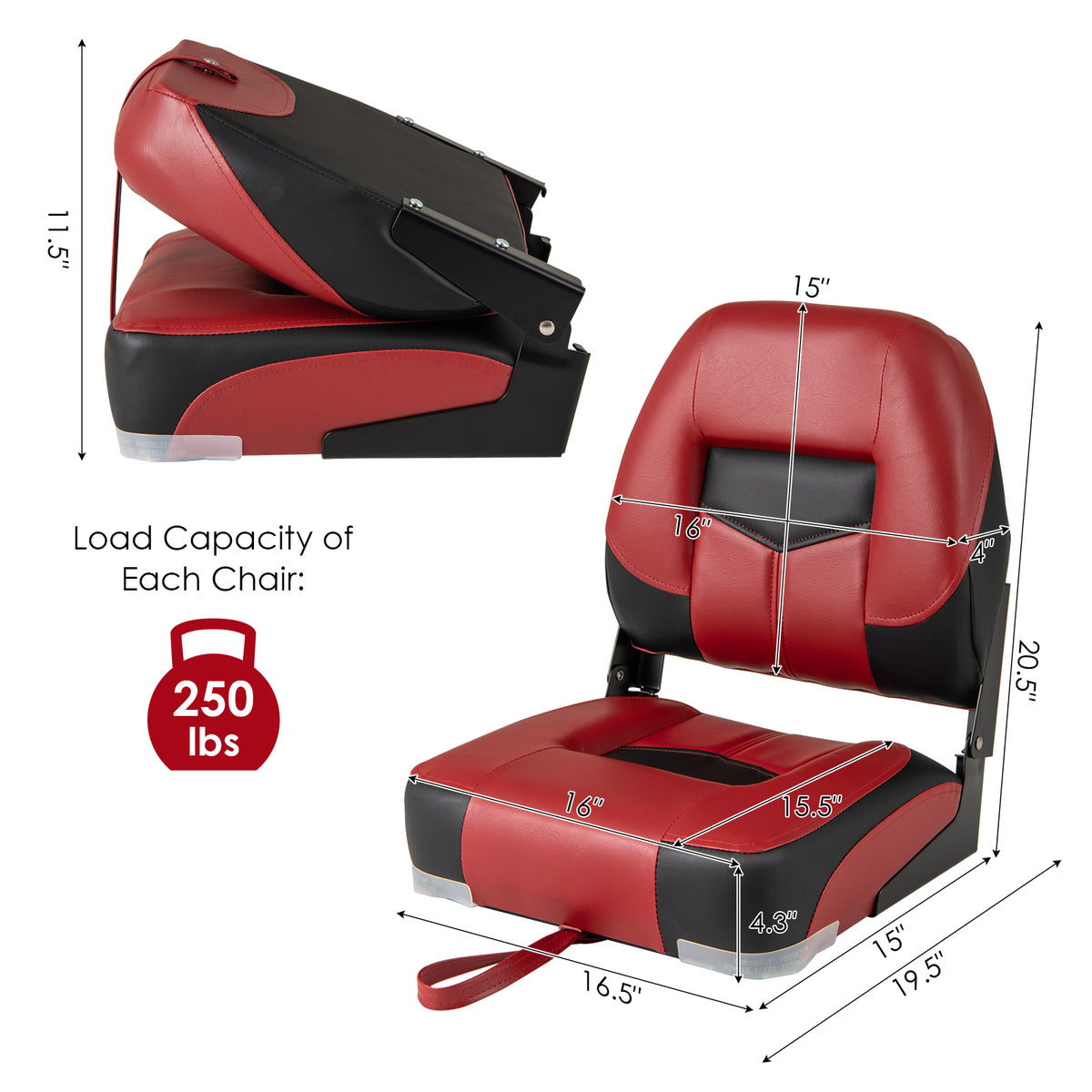 Boat Seat Set of 2 Folding Low Back Fishing Boat Seats - Red Variation
