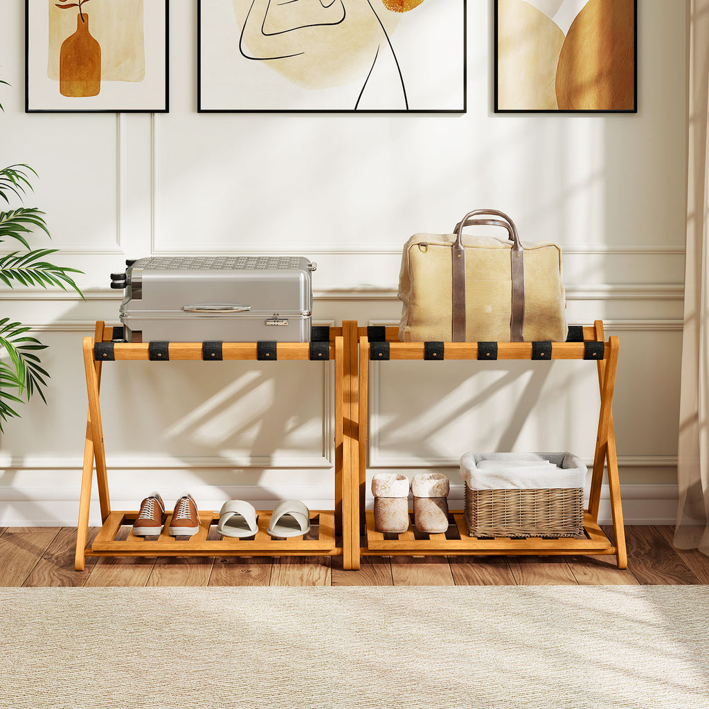 Folding Luggage Rack with 5 Nylon Straps & Storage Shelf