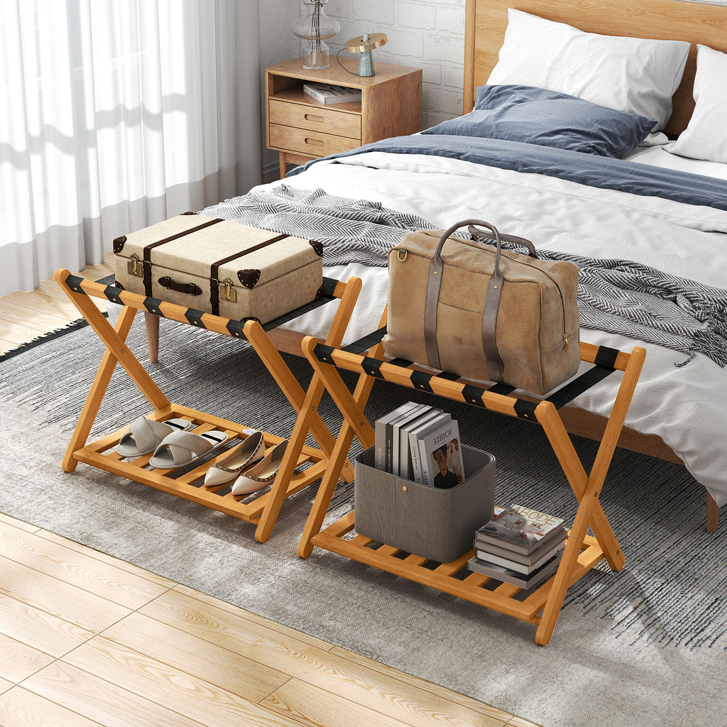 Folding Luggage Rack with 5 Nylon Straps & Storage Shelf