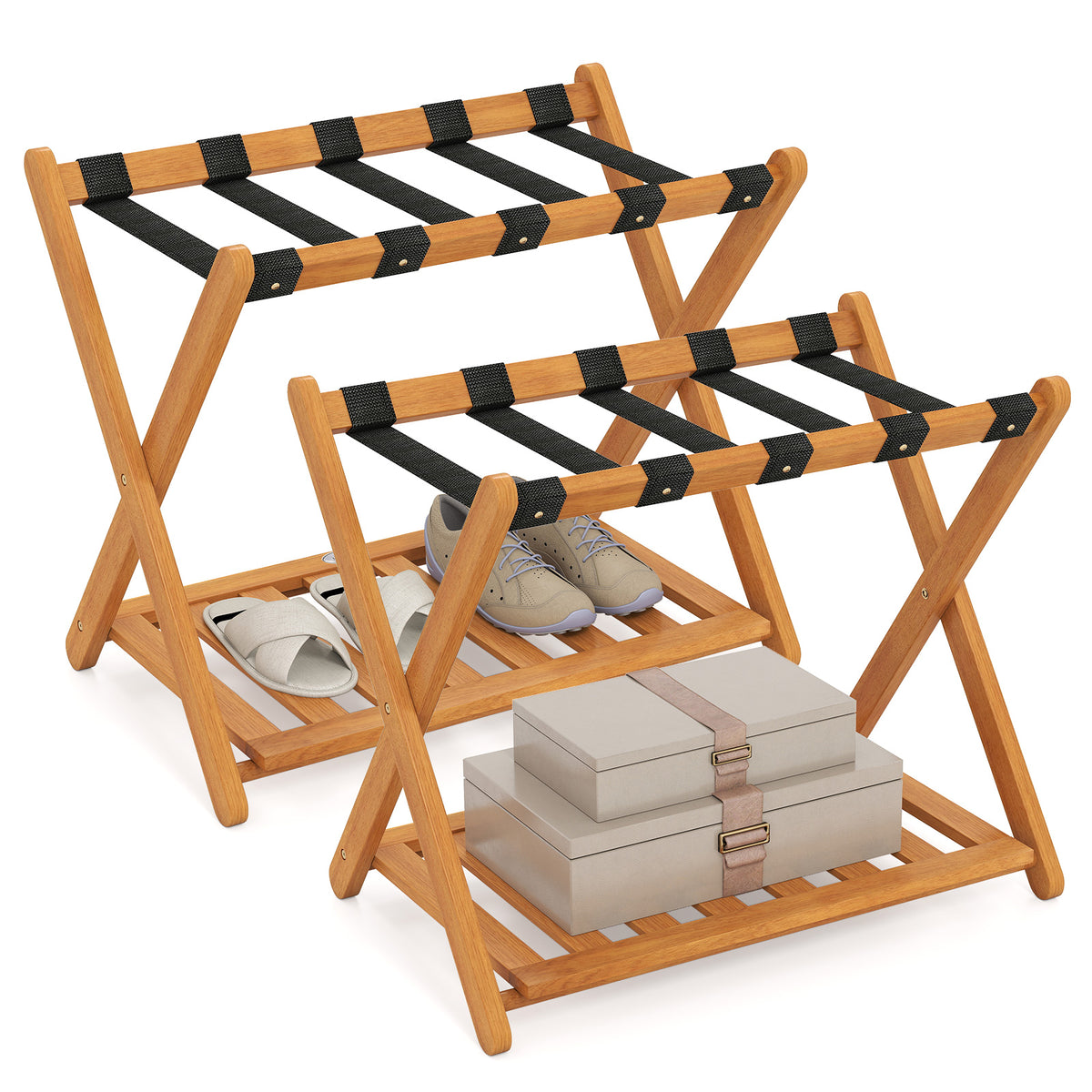 Folding Luggage Rack with 5 Nylon Straps & Storage Shelf
