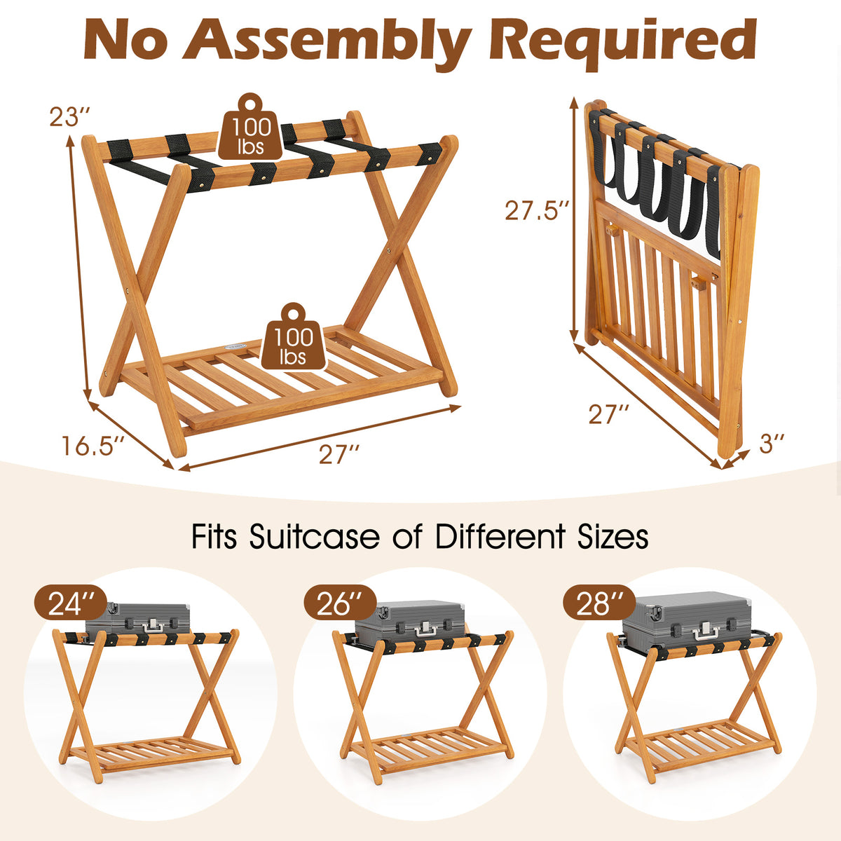 Folding Luggage Rack with 5 Nylon Straps & Storage Shelf