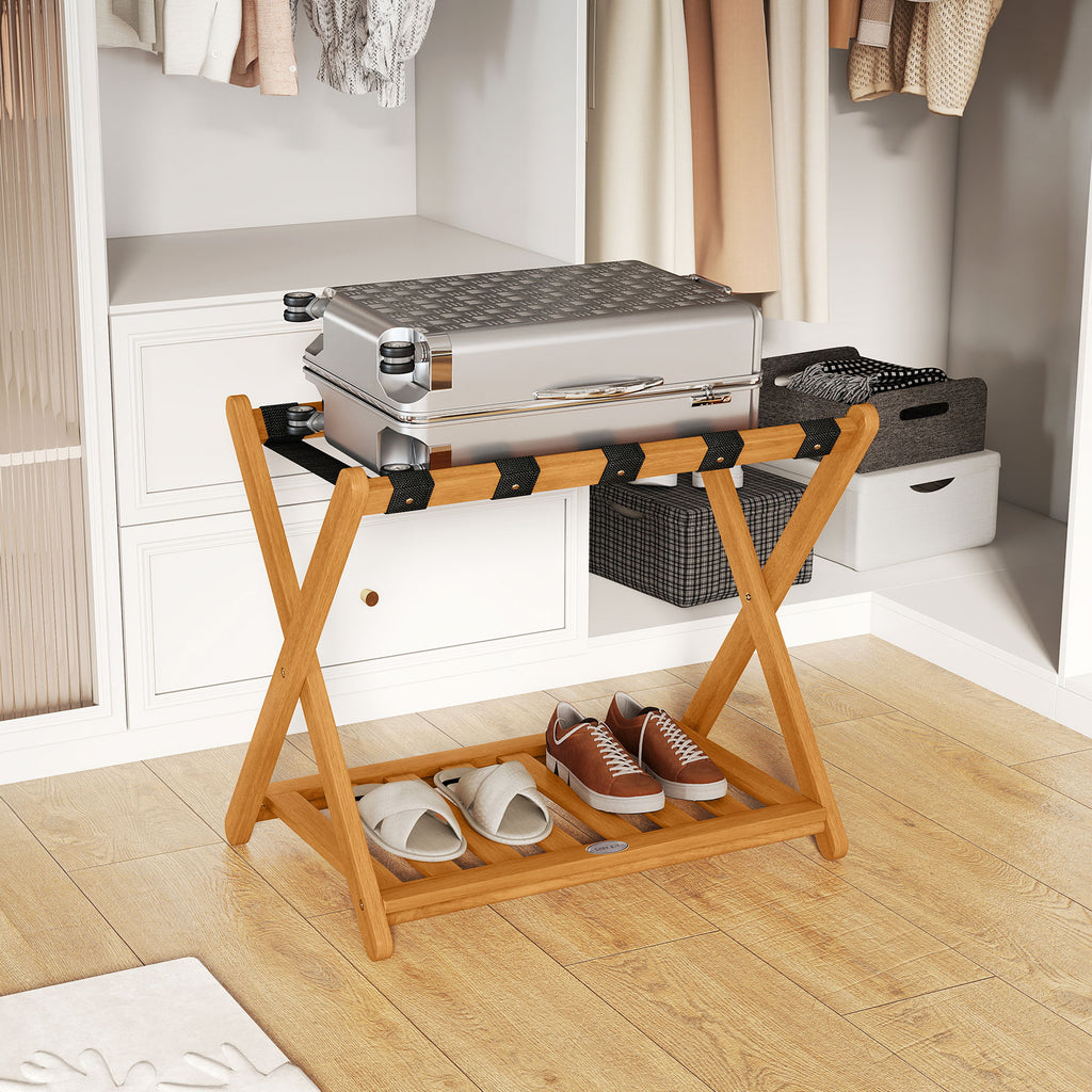 Folding Luggage Rack with 5 Nylon Straps & Storage Shelf