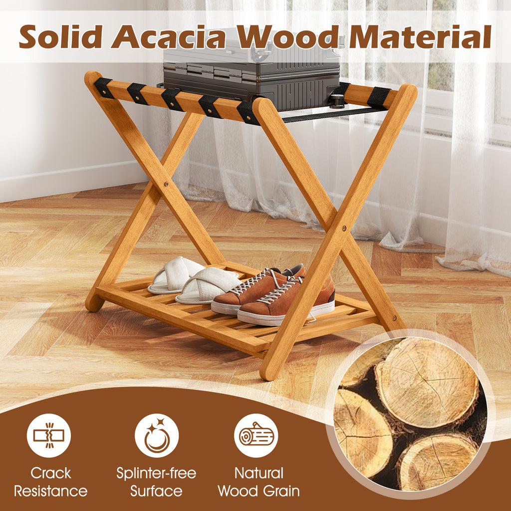 Folding Luggage Rack with 5 Nylon Straps & Storage Shelf