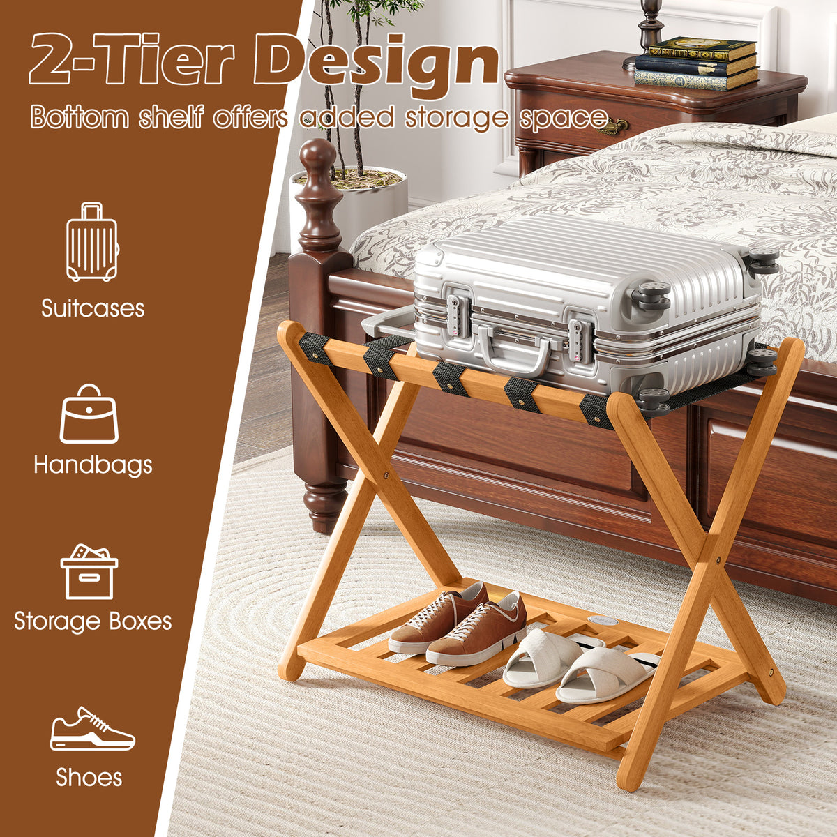 Folding Luggage Rack with 5 Nylon Straps & Storage Shelf
