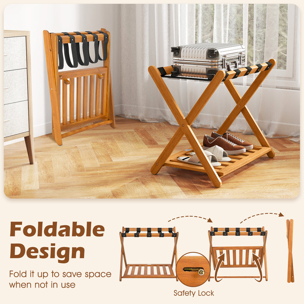 Folding Luggage Rack with 5 Nylon Straps & Storage Shelf