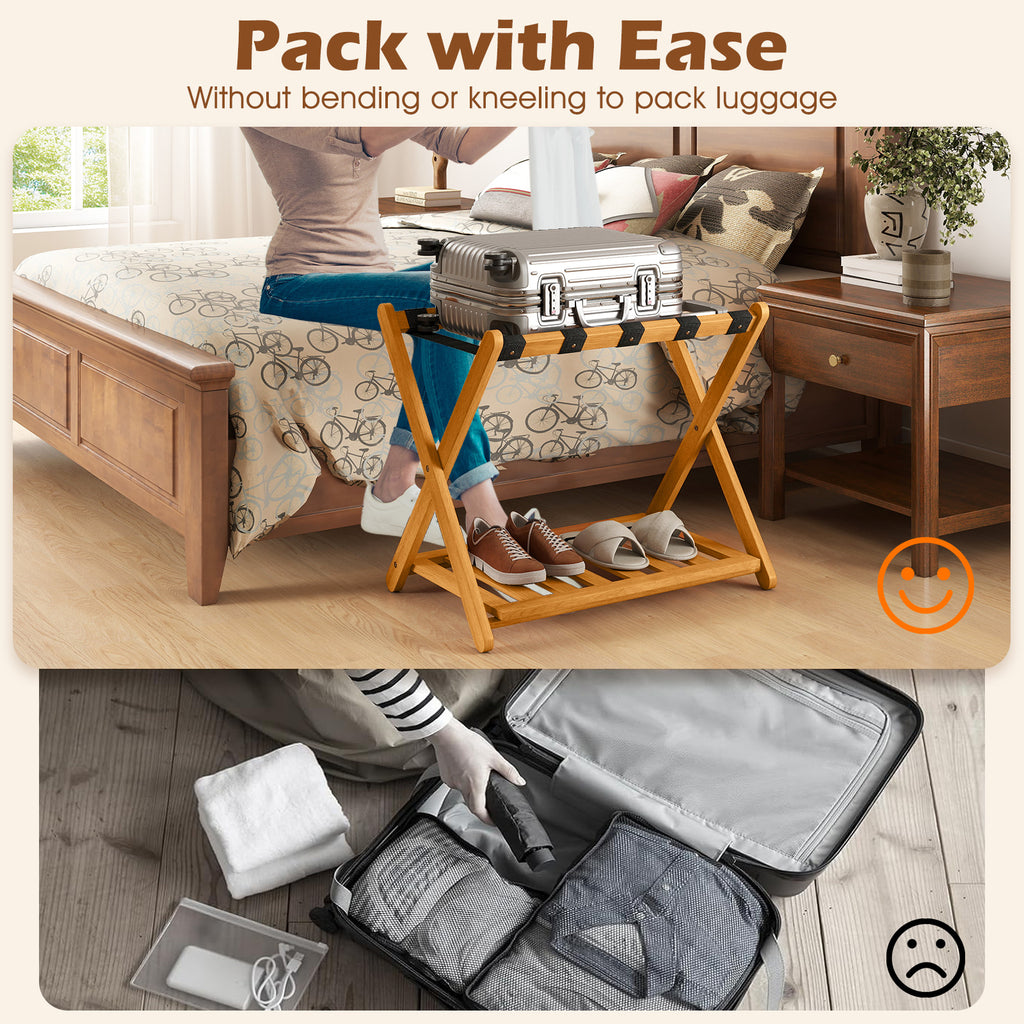 Folding Luggage Rack with 5 Nylon Straps & Storage Shelf