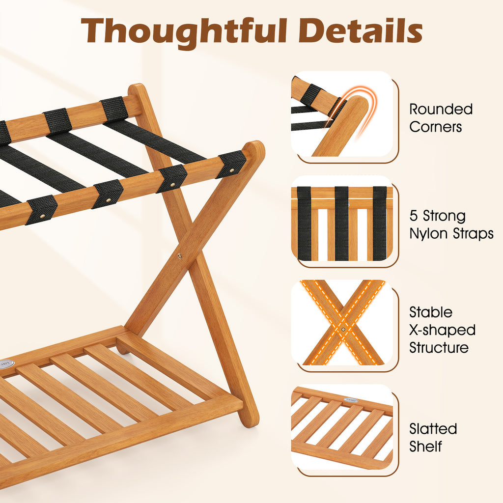 Folding Luggage Rack with 5 Nylon Straps & Storage Shelf