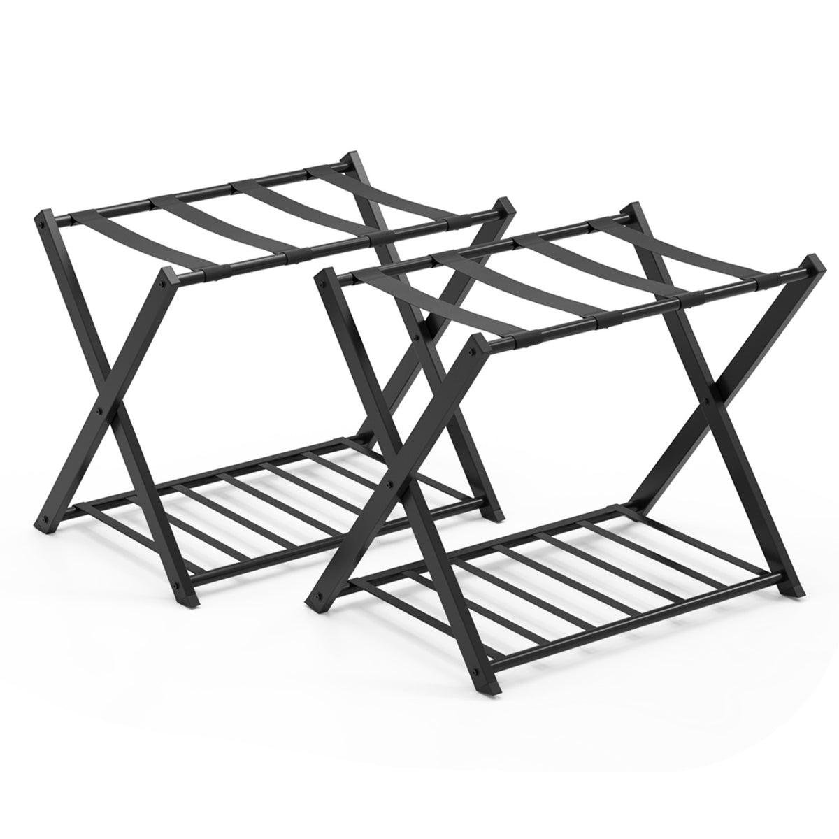 Folding Luggage Rack with 5 Nylon Straps & Storage Shelf