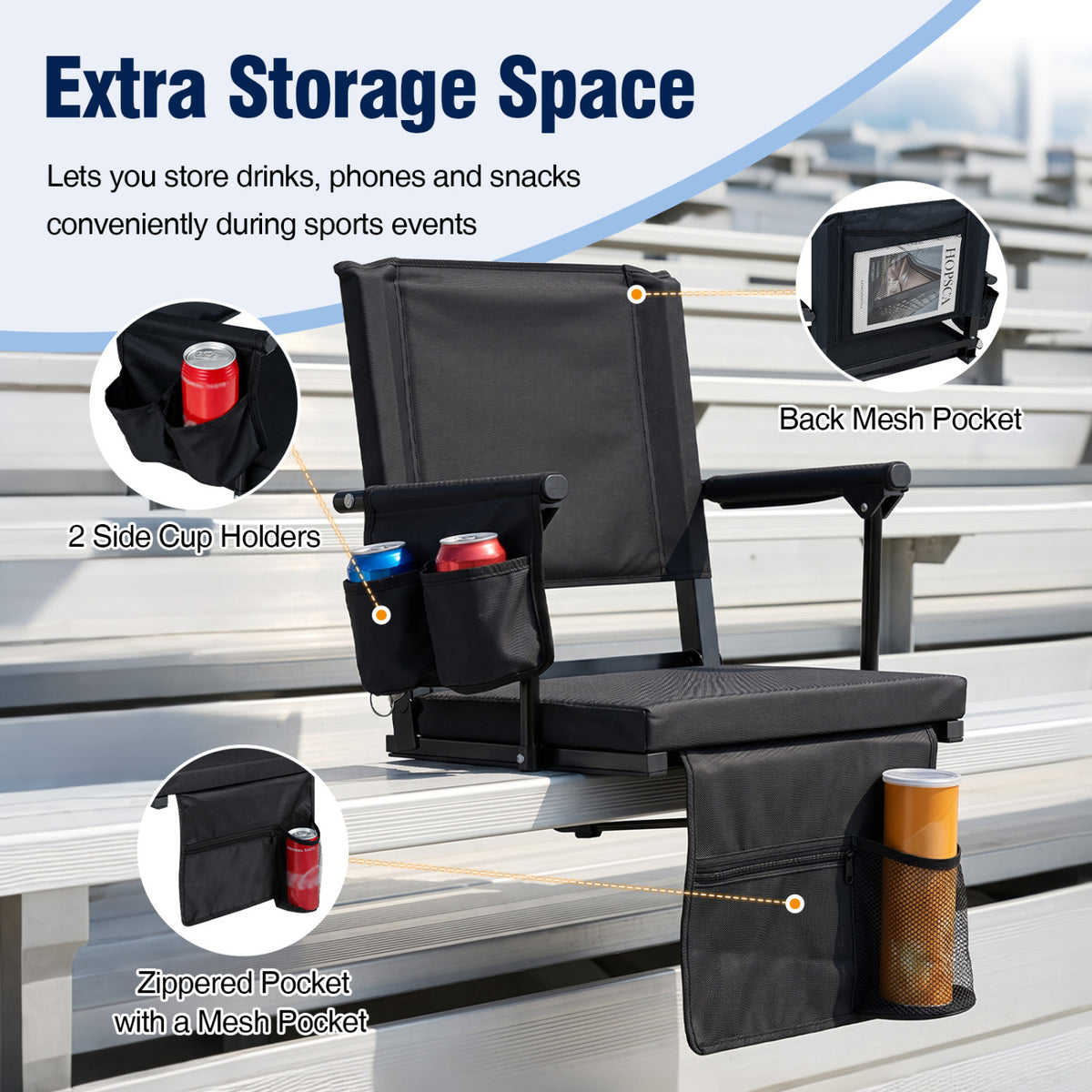 Set of 2 Folding Stadium Seat with Cup Holders and Pockets