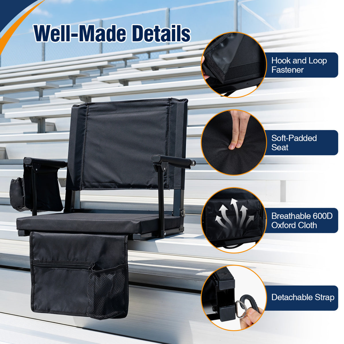 Set of 2 Folding Stadium Seat with Cup Holders and Pockets