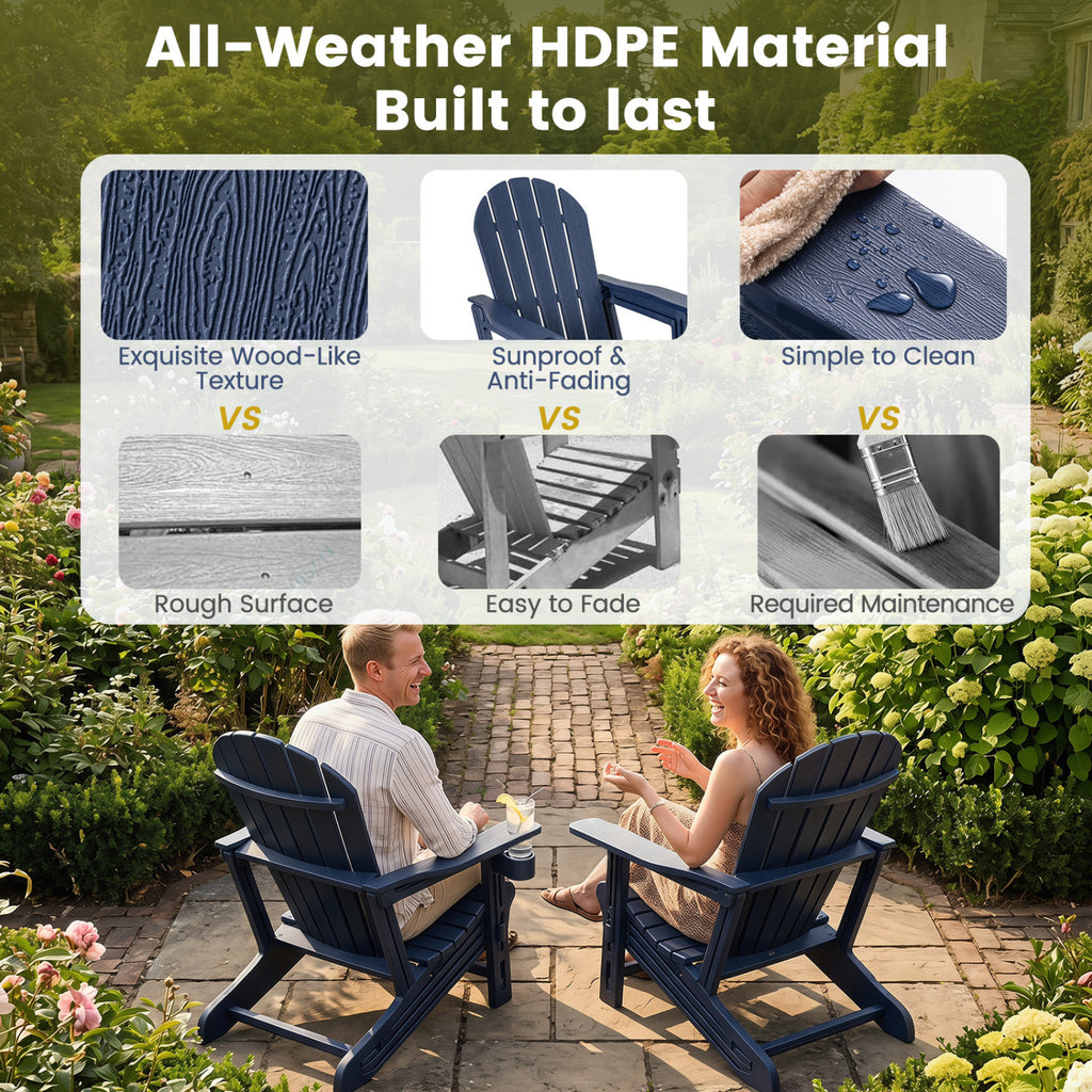 Set of 2 HDPE Adirondack Chair with Cup Holder and Wooden Texture for
