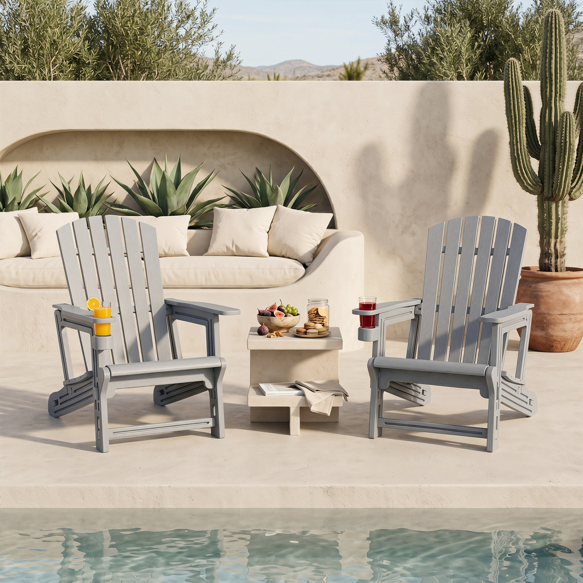 Set of 2 HDPE Adirondack Chair with Cup Holder and Wood-Like Texture