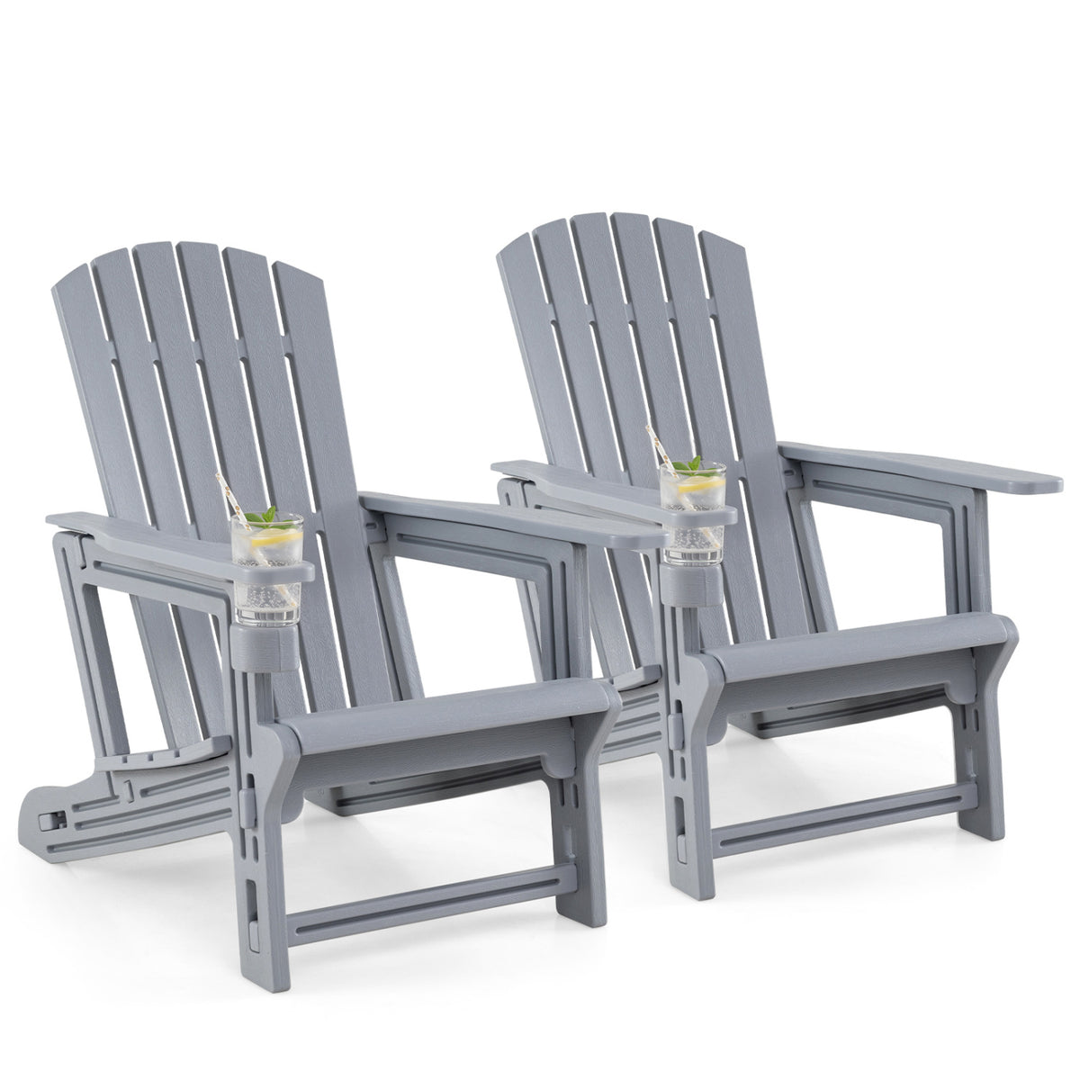 Set of 2 HDPE Adirondack Chair with Cup Holder and Wood-Like Texture